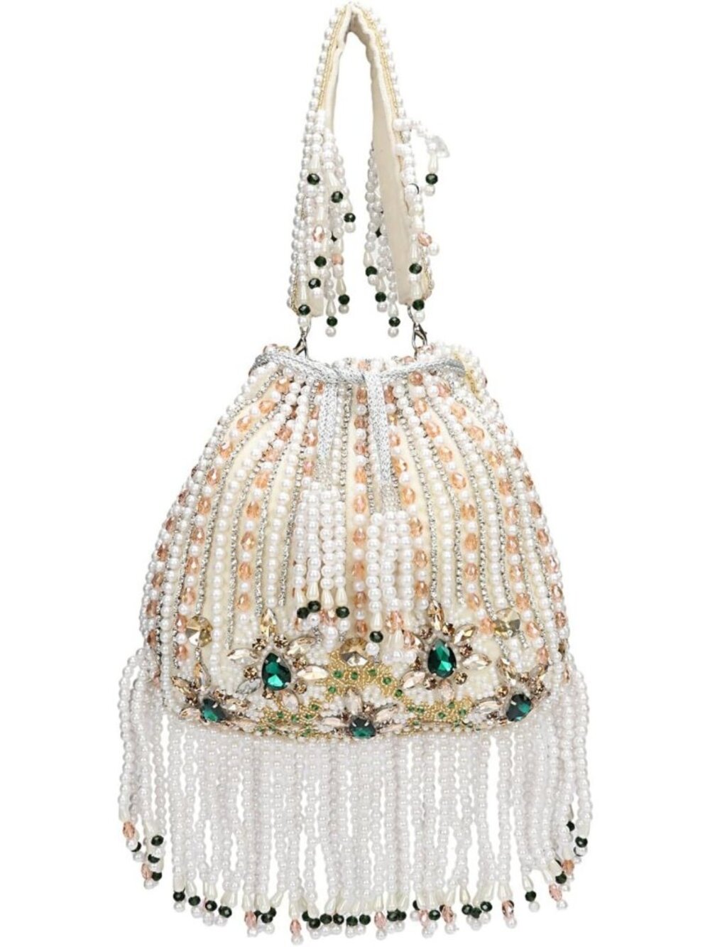 Chic Beaded Potli Bag with Pearl Fringe & Green Gemstone Floral Clutch Purse